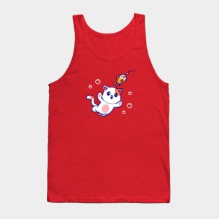 Cute Cat Catching Fish Cartoon Tank Top